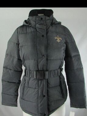 NFL Saints Women's Dark Gray Puffer Jacket with Belt